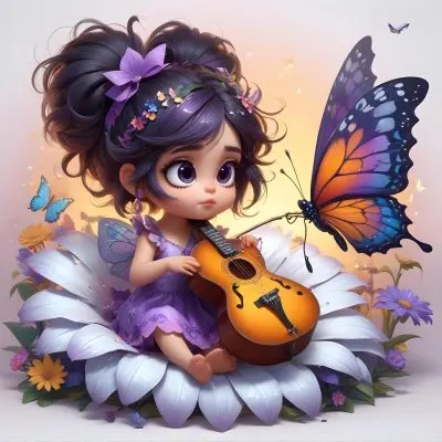 A Young Girl With Curly Dark Hair And A Purple Bow Wearing A Purple Dress Sitting On A Bed Of Colorful Flowers And Surrounded By Butterflies She Is Holding A Guitar And Appears To Be Playing Music 2 6250