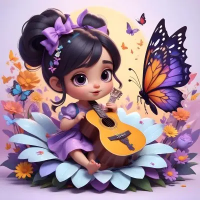 A Young Girl With Curly Dark Hair And A Purple Bow Wearing A Purple Dress Sitting On A Bed Of Colorful Flowers And Surrounded By Butterflies She Is Holding A Guitar And Appears To Be Playing Music 27 Dbc6