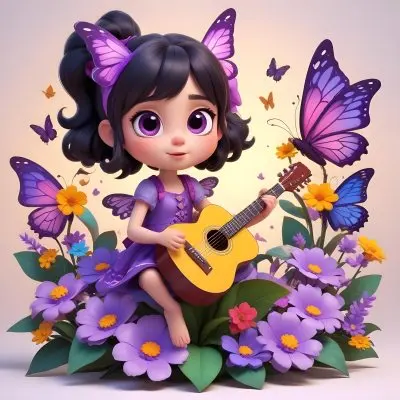 A Young Girl With Curly Dark Hair And A Purple Bow Wearing A Purple Dress Sitting On A Bed Of Colorful Flowers And Surrounded By Butterflies She Is Holding A Guitar And Appears To Be Playing Music 29 6759