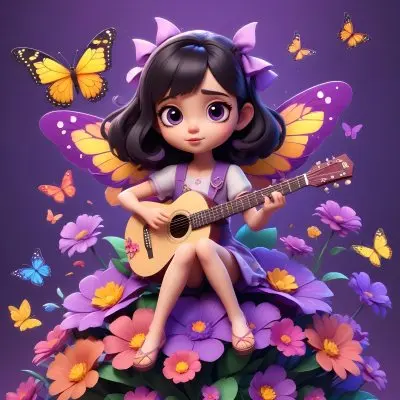 A Young Girl With Curly Dark Hair And A Purple Bow Wearing A Purple Dress Sitting On A Bed Of Colorful Flowers And Surrounded By Butterflies She Is Holding A Guitar And Appears To Be Playing Music 30 9afd