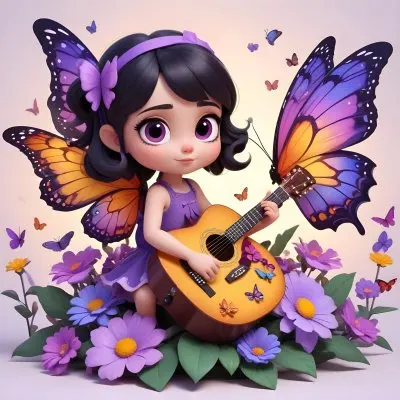 A Young Girl With Curly Dark Hair And A Purple Bow Wearing A Purple Dress Sitting On A Bed Of Colorful Flowers And Surrounded By Butterflies She Is Holding A Guitar And Appears To Be Playing Music 33 0312