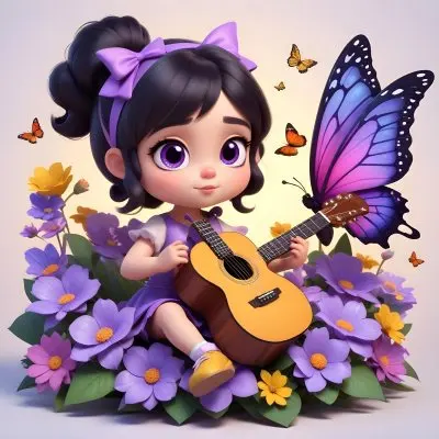 A Young Girl With Curly Dark Hair And A Purple Bow Wearing A Purple Dress Sitting On A Bed Of Colorful Flowers And Surrounded By Butterflies She Is Holding A Guitar And Appears To Be Playing Music 34 B5df
