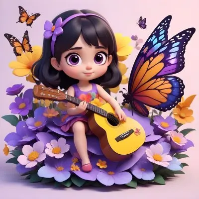 A Young Girl With Curly Dark Hair And A Purple Bow Wearing A Purple Dress Sitting On A Bed Of Colorful Flowers And Surrounded By Butterflies She Is Holding A Guitar And Appears To Be Playing Music 9 8e29