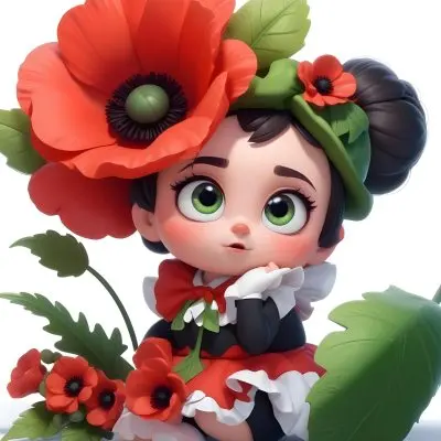 A Young Girl With Large Eyes Dark Hair In Buns And A Red Poppy Flower In Her Hair Surrounded By Green Leaves And Additional Red Poppy Flowers 11 0862