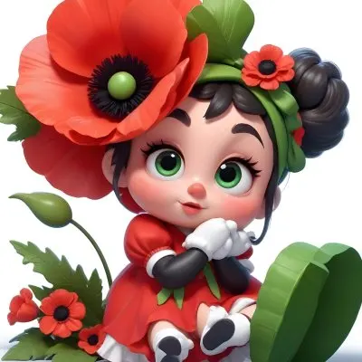 A Young Girl With Large Eyes Dark Hair In Buns And A Red Poppy Flower In Her Hair Surrounded By Green Leaves And Additional Red Poppy Flowers 12 2a33