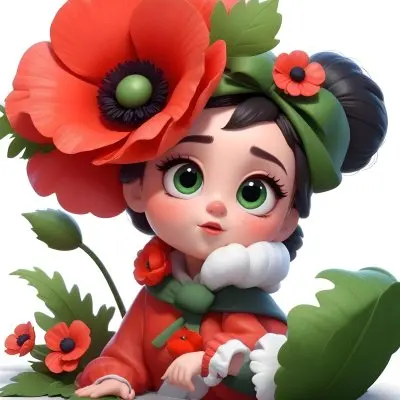 A Young Girl With Large Eyes Dark Hair In Buns And A Red Poppy Flower In Her Hair Surrounded By Green Leaves And Additional Red Poppy Flowers 13 33fb