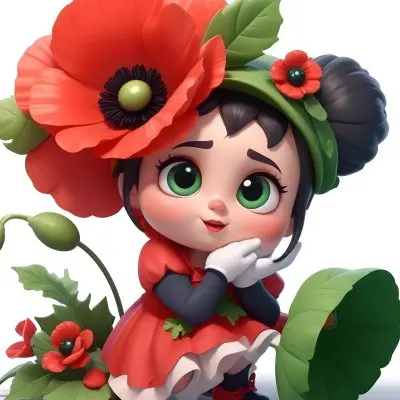 A Young Girl With Large Eyes Dark Hair In Buns And A Red Poppy Flower In Her Hair Surrounded By Green Leaves And Additional Red Poppy Flowers 15 D959