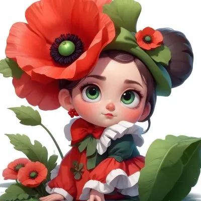 A Young Girl With Large Eyes Dark Hair In Buns And A Red Poppy Flower In Her Hair Surrounded By Green Leaves And Additional Red Poppy Flowers 2 7161