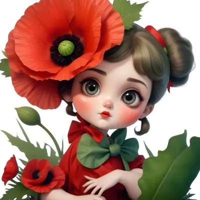 A Young Girl With Large Eyes Dark Hair In Buns And A Red Poppy Flower In Her Hair Surrounded By Green Leaves And Additional Red Poppy Flowers 3 650f