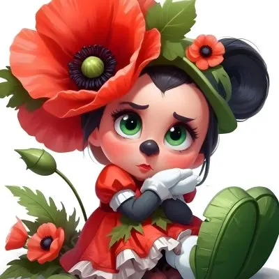 A Young Girl With Large Eyes Dark Hair In Buns And A Red Poppy Flower In Her Hair Surrounded By Green Leaves And Additional Red Poppy Flowers 4 Eaa1