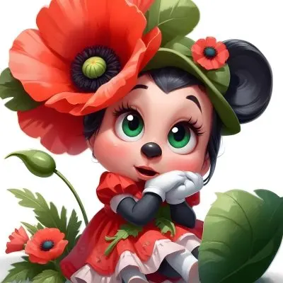 A Young Girl With Large Eyes Dark Hair In Buns And A Red Poppy Flower In Her Hair Surrounded By Green Leaves And Additional Red Poppy Flowers 5 91c8