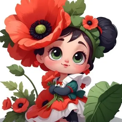 A Young Girl With Large Eyes Dark Hair In Buns And A Red Poppy Flower In Her Hair Surrounded By Green Leaves And Additional Red Poppy Flowers 6 218d