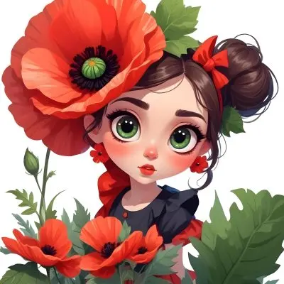 A Young Girl With Large Eyes Dark Hair In Buns And A Red Poppy Flower In Her Hair Surrounded By Green Leaves And Additional Red Poppy Flowers 7 54b7