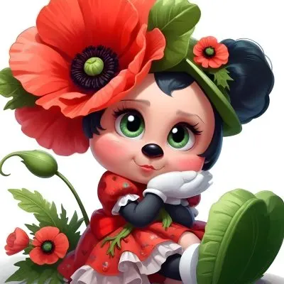 A Young Girl With Large Eyes Dark Hair In Buns And A Red Poppy Flower In Her Hair Surrounded By Green Leaves And Additional Red Poppy Flowers 8 5180