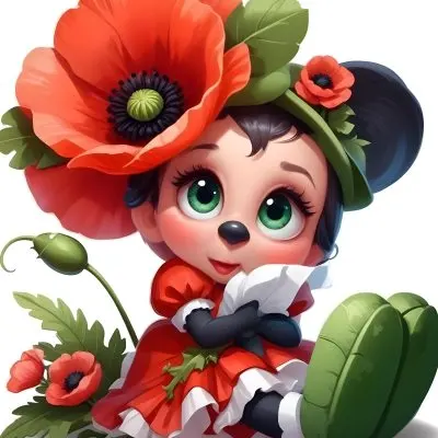 A Young Girl With Large Eyes Dark Hair In Buns And A Red Poppy Flower In Her Hair Surrounded By Green Leaves And Additional Red Poppy Flowers 9 07fa