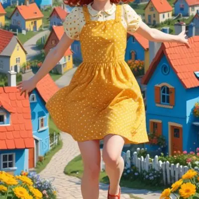 A Young Red Haired Girl With Curly Hair Jumping Joyfully In A Colorful Whimsical Neighborhood With Houses Flowers And Balloons In The Background 6 3a18