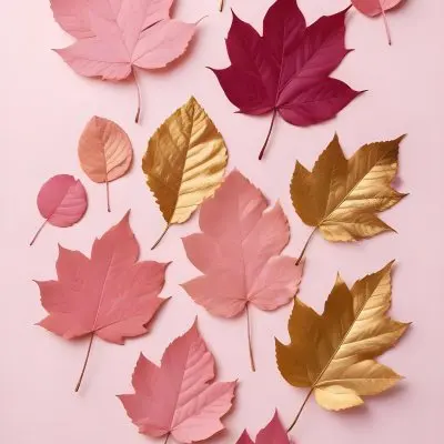 Assorted Pink And Gold Autumn Leaves On A Pink Background 1 26e9