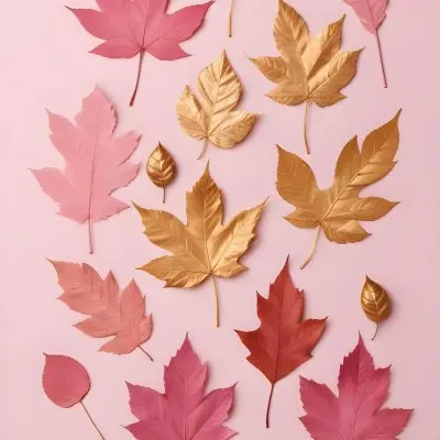 Assorted Pink And Gold Autumn Leaves On A Pink Background 10 44a2