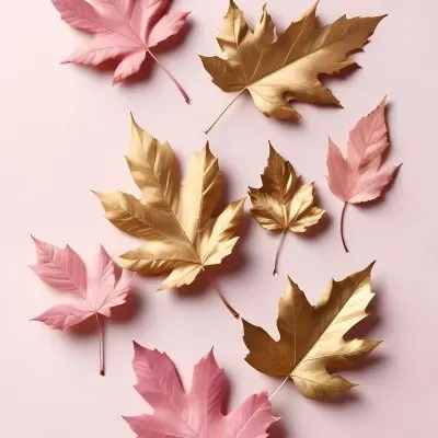 Assorted Pink And Gold Autumn Leaves On A Pink Background 12 7b3c