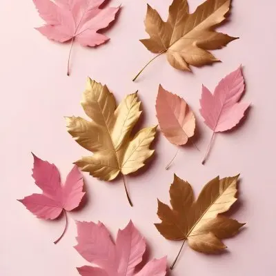 Assorted Pink And Gold Autumn Leaves On A Pink Background 15 9631