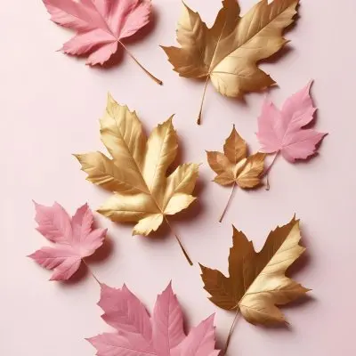 Assorted Pink And Gold Autumn Leaves On A Pink Background 16 0019