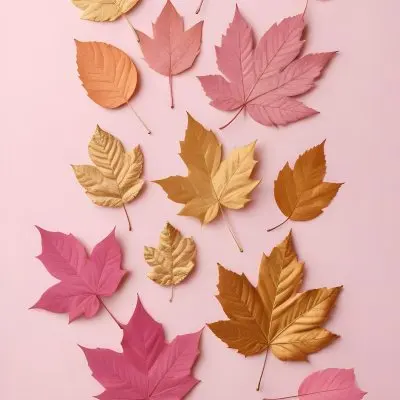 Assorted Pink And Gold Autumn Leaves On A Pink Background 18 7df6