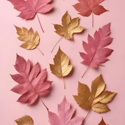 Assorted Pink And Gold Autumn Leaves On A Pink Background 20 04fa