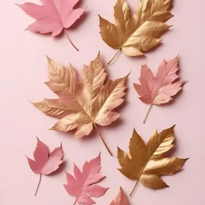Assorted Pink And Gold Autumn Leaves On A Pink Background 22 23cf