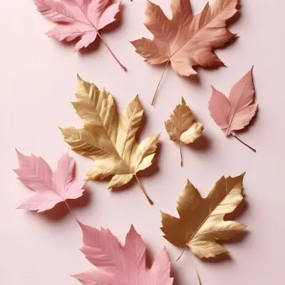 Assorted Pink And Gold Autumn Leaves On A Pink Background 6 Ba61