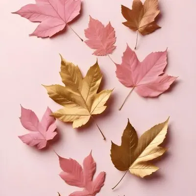 Assorted Pink And Gold Autumn Leaves On A Pink Background 9 9b73