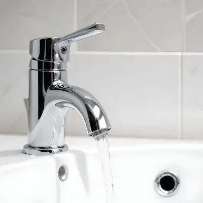 Chrome Faucet With Running Water Over A White Sink In A Bathroom With White Tiles 34 Bf0d