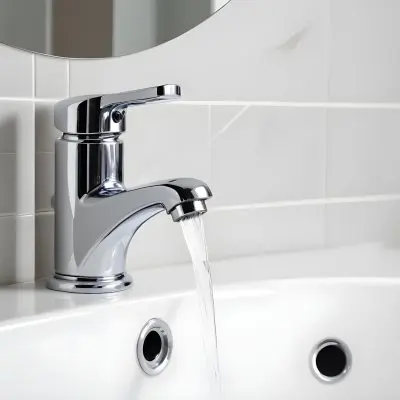 Chrome Faucet With Running Water Over A White Sink In A Bathroom With White Tiles 35 2f6e