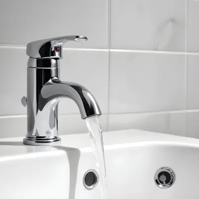 Chrome Faucet With Running Water Over A White Sink In A Bathroom With White Tiles 40 0c3d