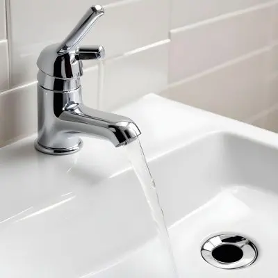 Chrome Faucet With Running Water Over A White Sink In A Bathroom With White Tiles 41 70bd