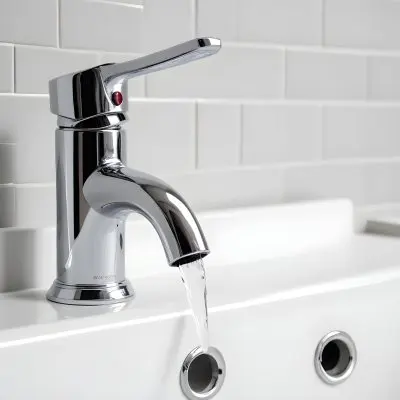 Chrome Faucet With Running Water Over A White Sink In A Bathroom With White Tiles 9 6096
