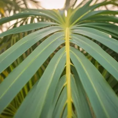Close Up Of Green Palm Leaves With A Symmetrical Pattern Featuring Yellow Palm Leaves With Asymmetrical Patterns Set Against A Sunset 11 Ca31