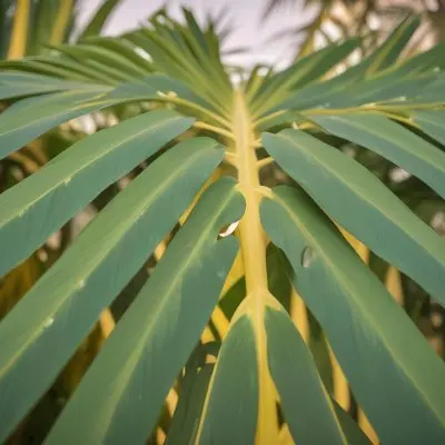 Close Up Of Green Palm Leaves With A Symmetrical Pattern Featuring Yellow Palm Leaves With Asymmetrical Patterns Set Against A Sunset 15 854e