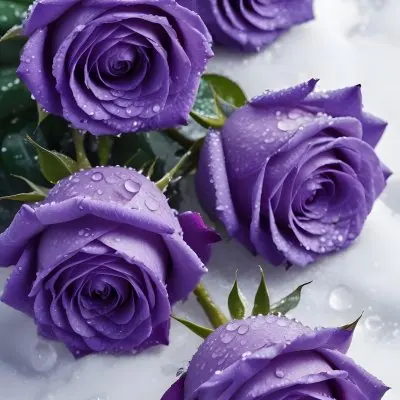 Close Up Of Several Purple Roses Covered In Water Droplets On A Snowy Background 11 E7a5