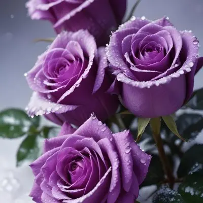 Close Up Of Several Purple Roses Covered In Water Droplets On A Snowy Background 12 A65c