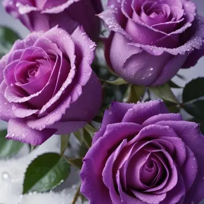 Close Up Of Several Purple Roses Covered In Water Droplets On A Snowy Background 13 Cc11