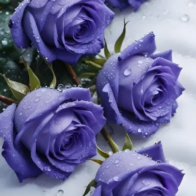 Close Up Of Several Purple Roses Covered In Water Droplets On A Snowy Background 16 Bba1