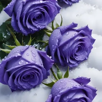 Close Up Of Several Purple Roses Covered In Water Droplets On A Snowy Background 17 8195