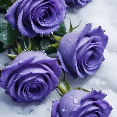 Close Up Of Several Purple Roses Covered In Water Droplets On A Snowy Background 18 1f4e
