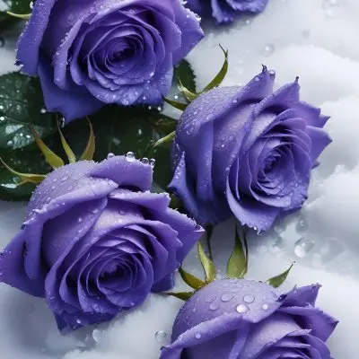 Close Up Of Several Purple Roses Covered In Water Droplets On A Snowy Background 21 15a3