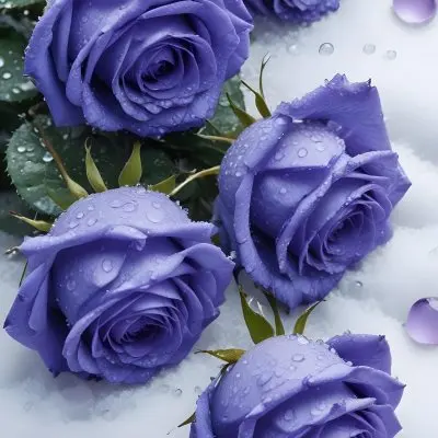 Close Up Of Several Purple Roses Covered In Water Droplets On A Snowy Background 24 37e1