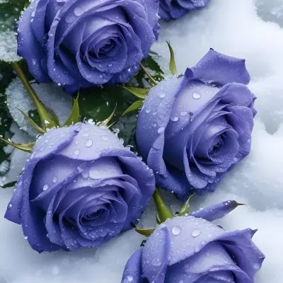 Close Up Of Several Purple Roses Covered In Water Droplets On A Snowy Background 29 93ab
