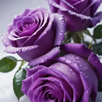 Close Up Of Several Purple Roses Covered In Water Droplets On A Snowy Background 3 30b7