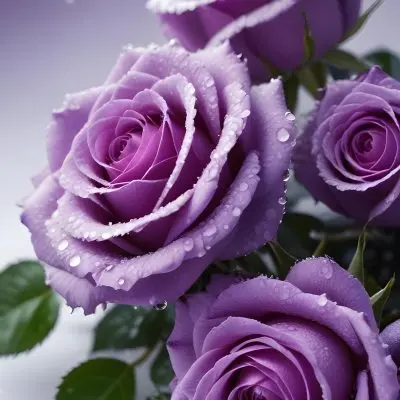 Close Up Of Several Purple Roses Covered In Water Droplets On A Snowy Background 6 0ec6