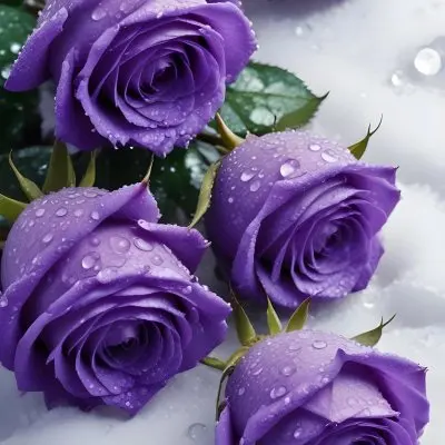 Close Up Of Several Purple Roses Covered In Water Droplets On A Snowy Background 7 A296