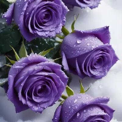 Close Up Of Several Purple Roses Covered In Water Droplets On A Snowy Background 9 435a
